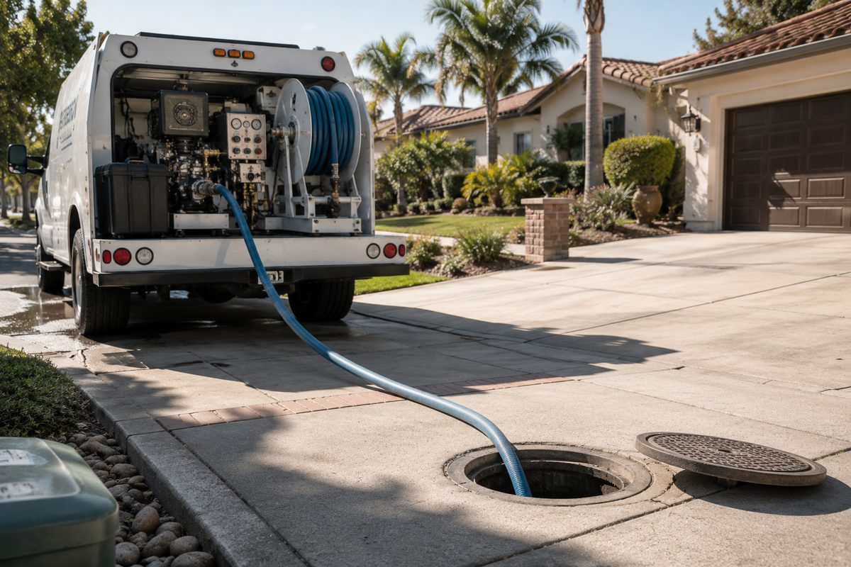 Clear Flow hydro-jetter truck with its hose feeding into a driveway sewer cleanout