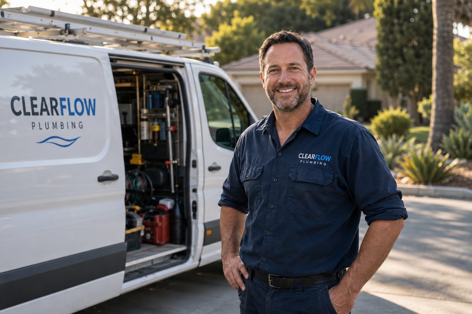 Miguel Reyes, owner of Clear Flow Plumbing, standing and smiling beside the branded work van in a Temecula driveway
