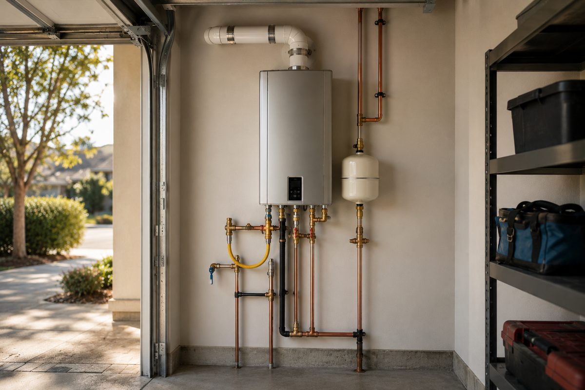 Newly installed tankless water heater mounted on a garage wall with tidy copper piping and venting