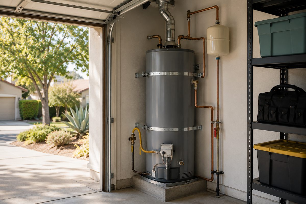 New tank water heater strapped to code with copper connections in a garage